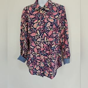 Talbots Multicolor Paisley Button Blouse Medium Long Sleeve Contrast Turn Cuff